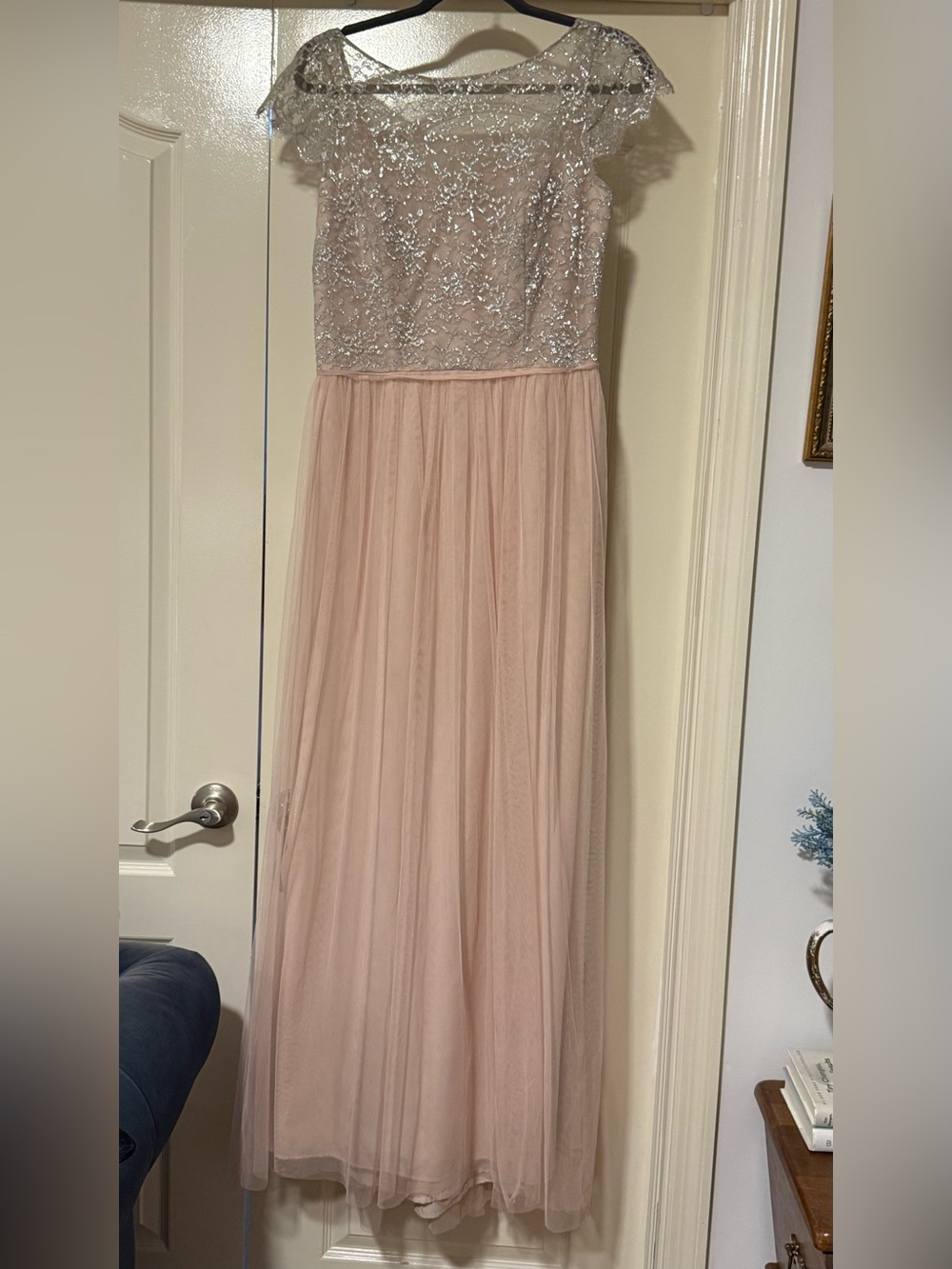 Hayley Paige Occasions Blush Pink and Silver Embellished Maxi Dress
